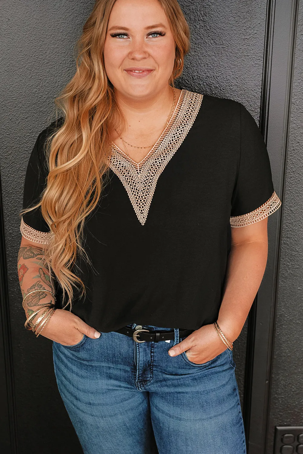 Lace Trim V Neck Plus Size Top