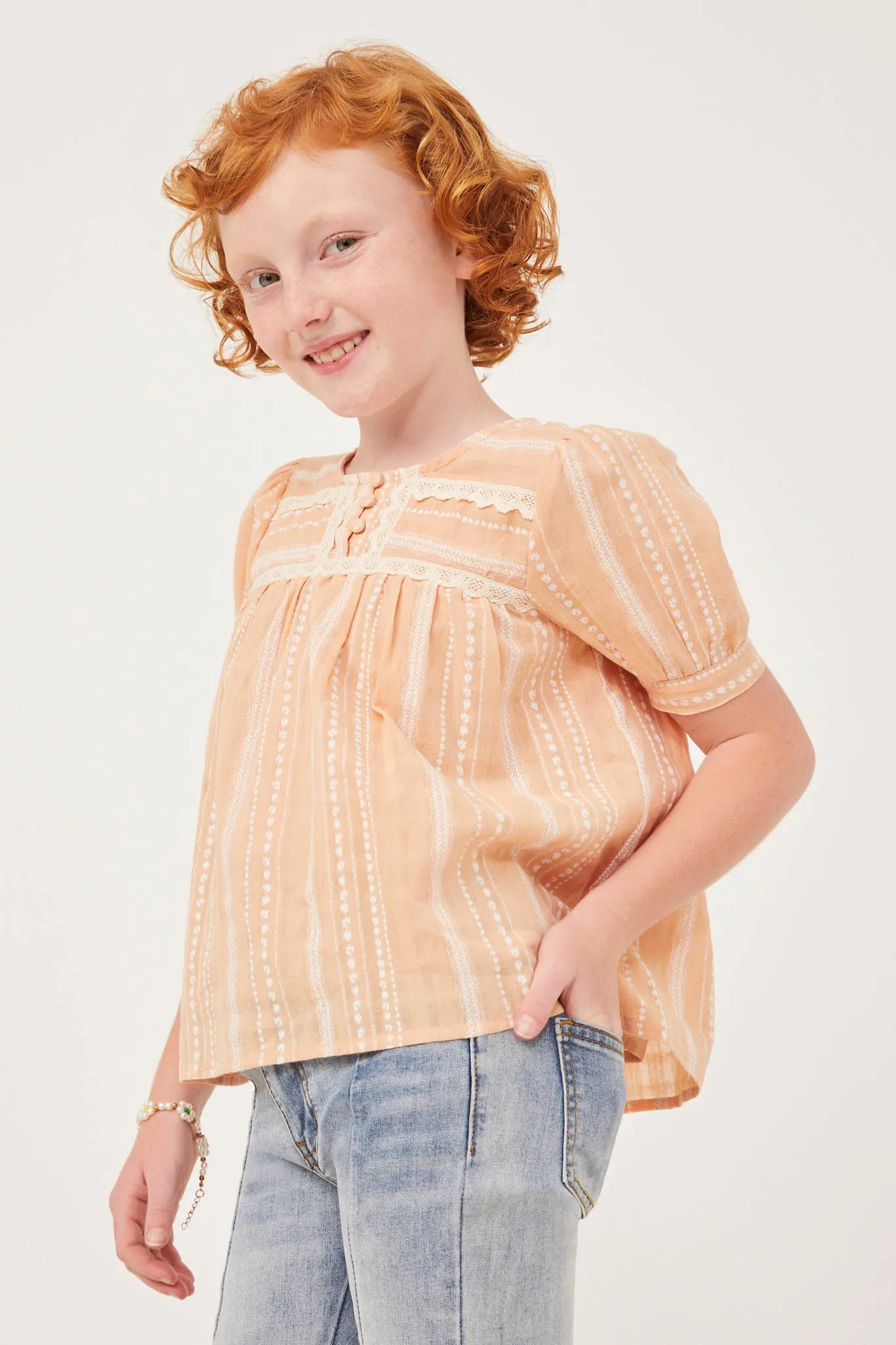 Lace Trimmed Buttoned Textured Top