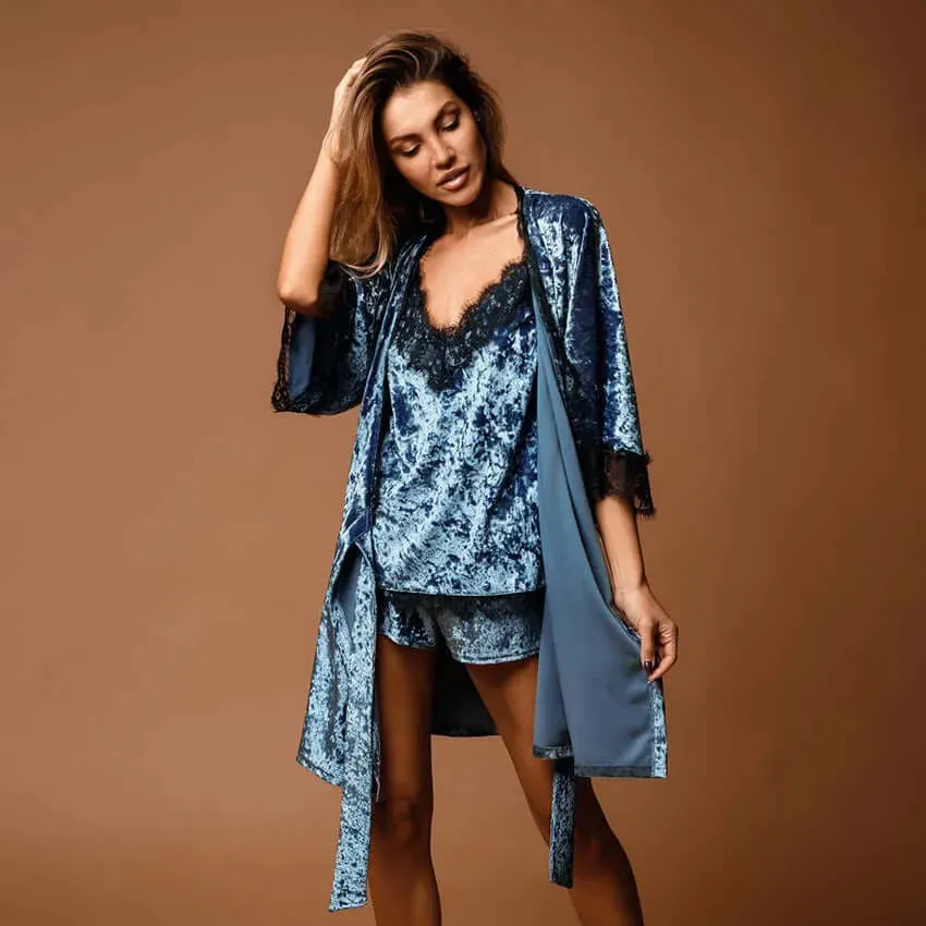 Lace Trimmed Velvet Three Piece Lounge set