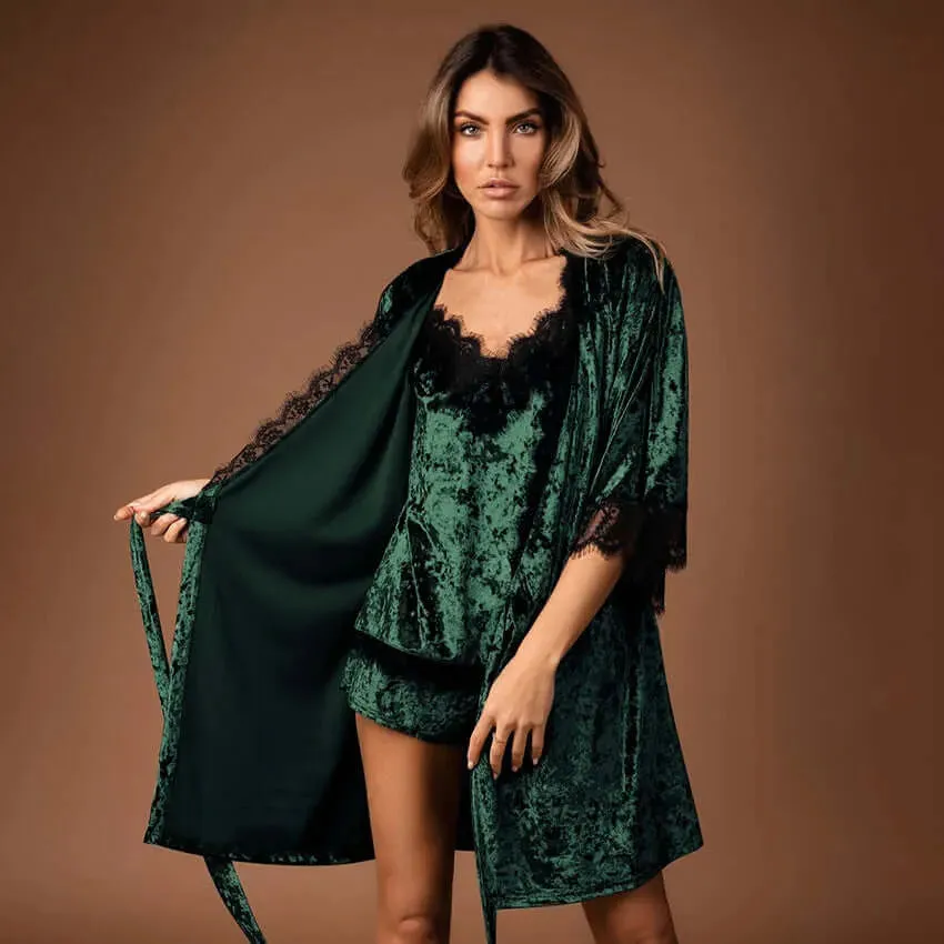 Lace Trimmed Velvet Three Piece Lounge set