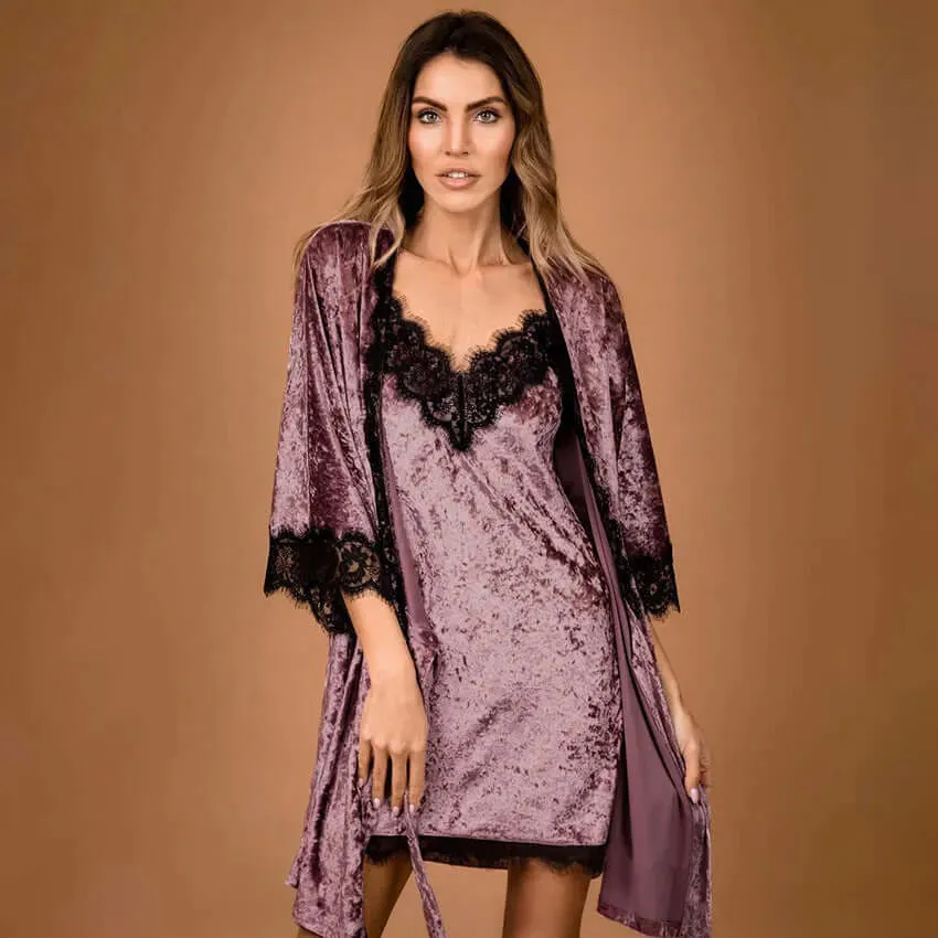 Lace Trimmed Velvet Three Piece Lounge set