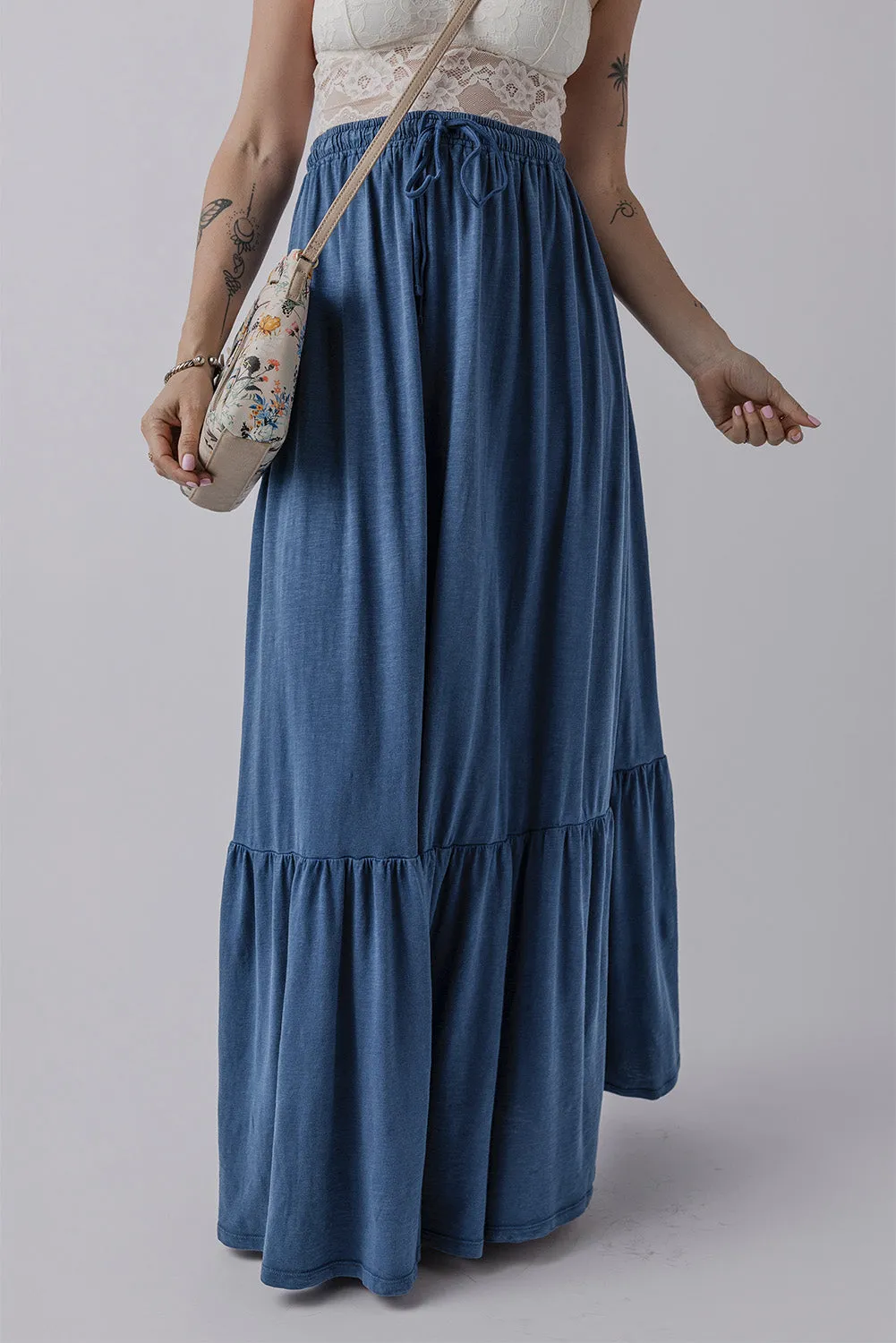 Lace up High Waist Tiered Maxi Skirt