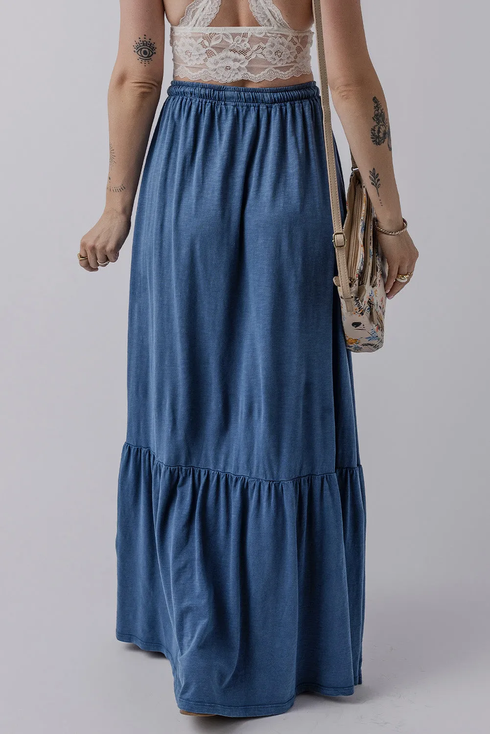 Lace up High Waist Tiered Maxi Skirt