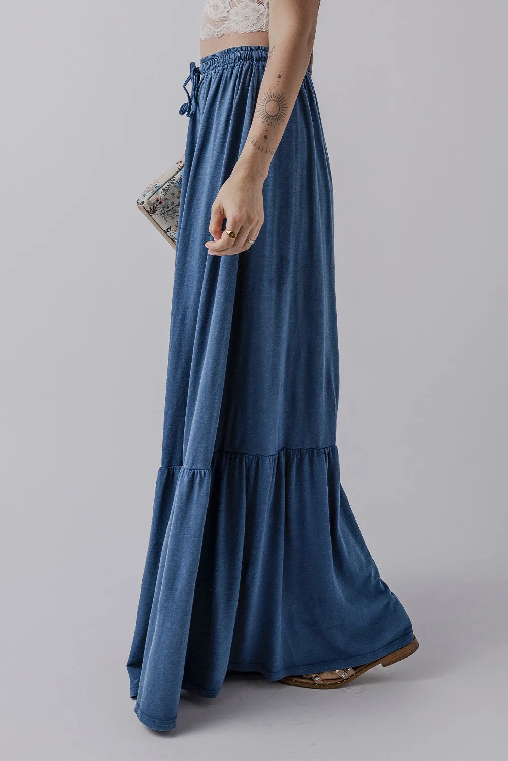 Lace up High Waist Tiered Maxi Skirt
