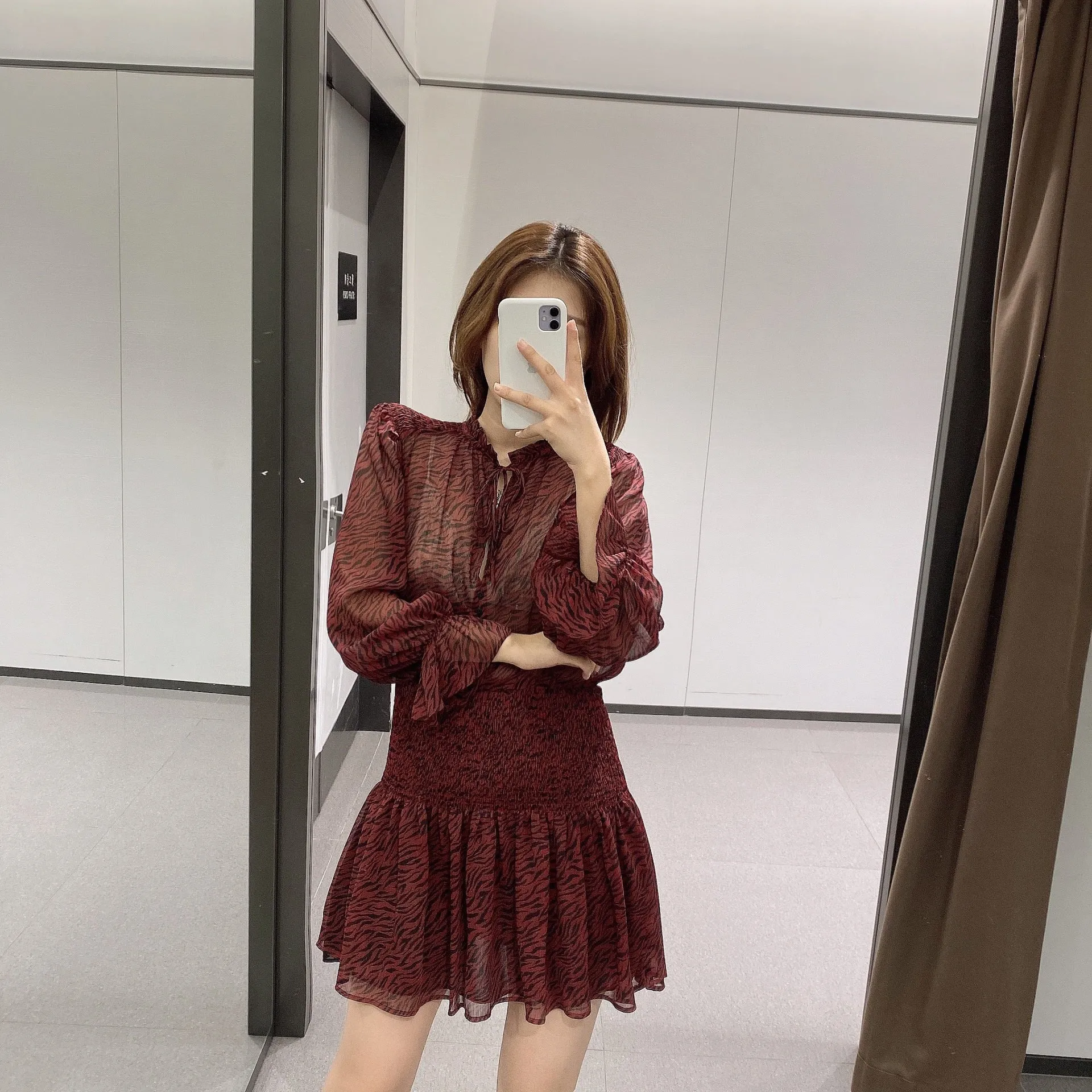 Lace-up Splicing Button Animal Pattern Floral Printed Mini Dress