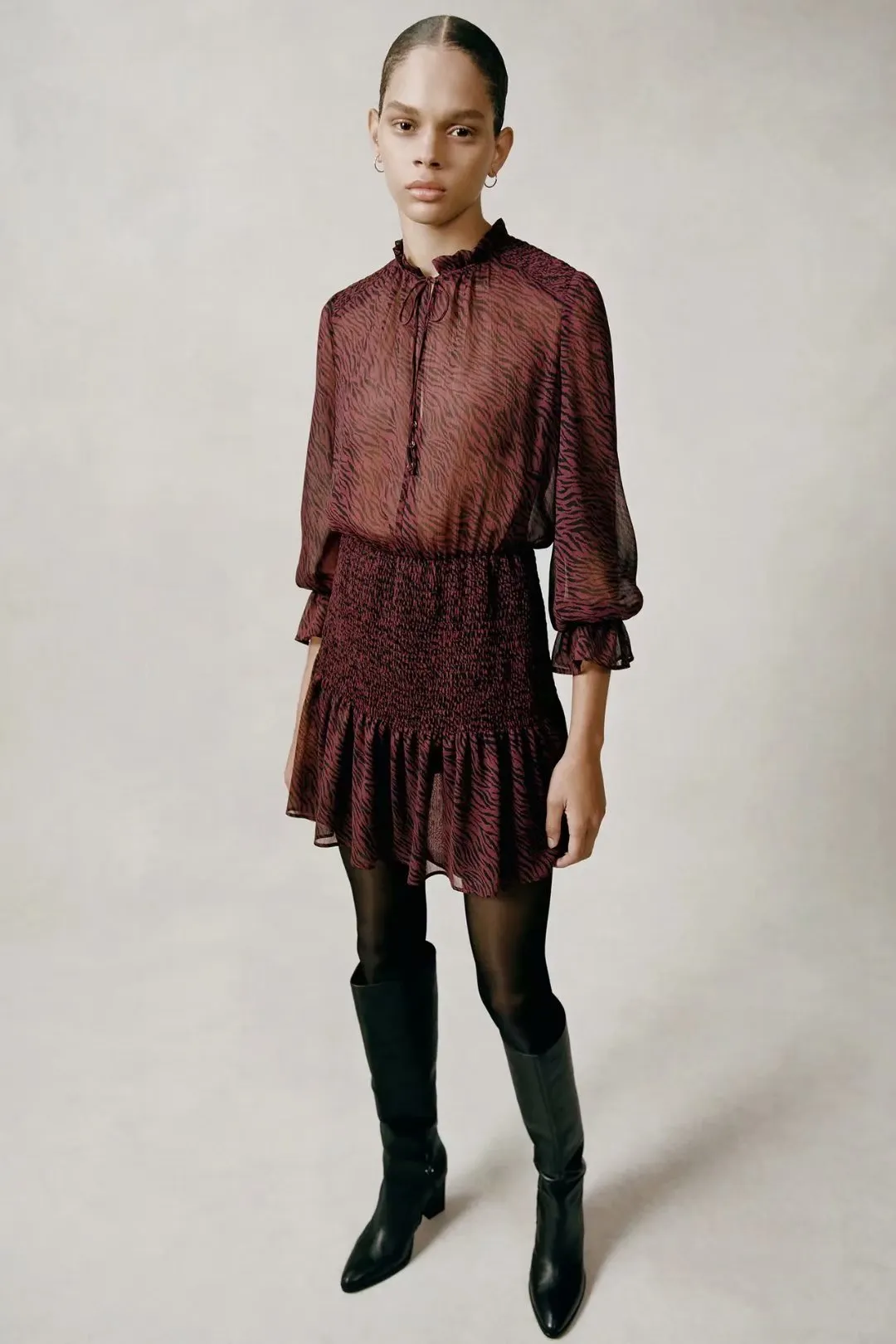 Lace-up Splicing Button Animal Pattern Floral Printed Mini Dress