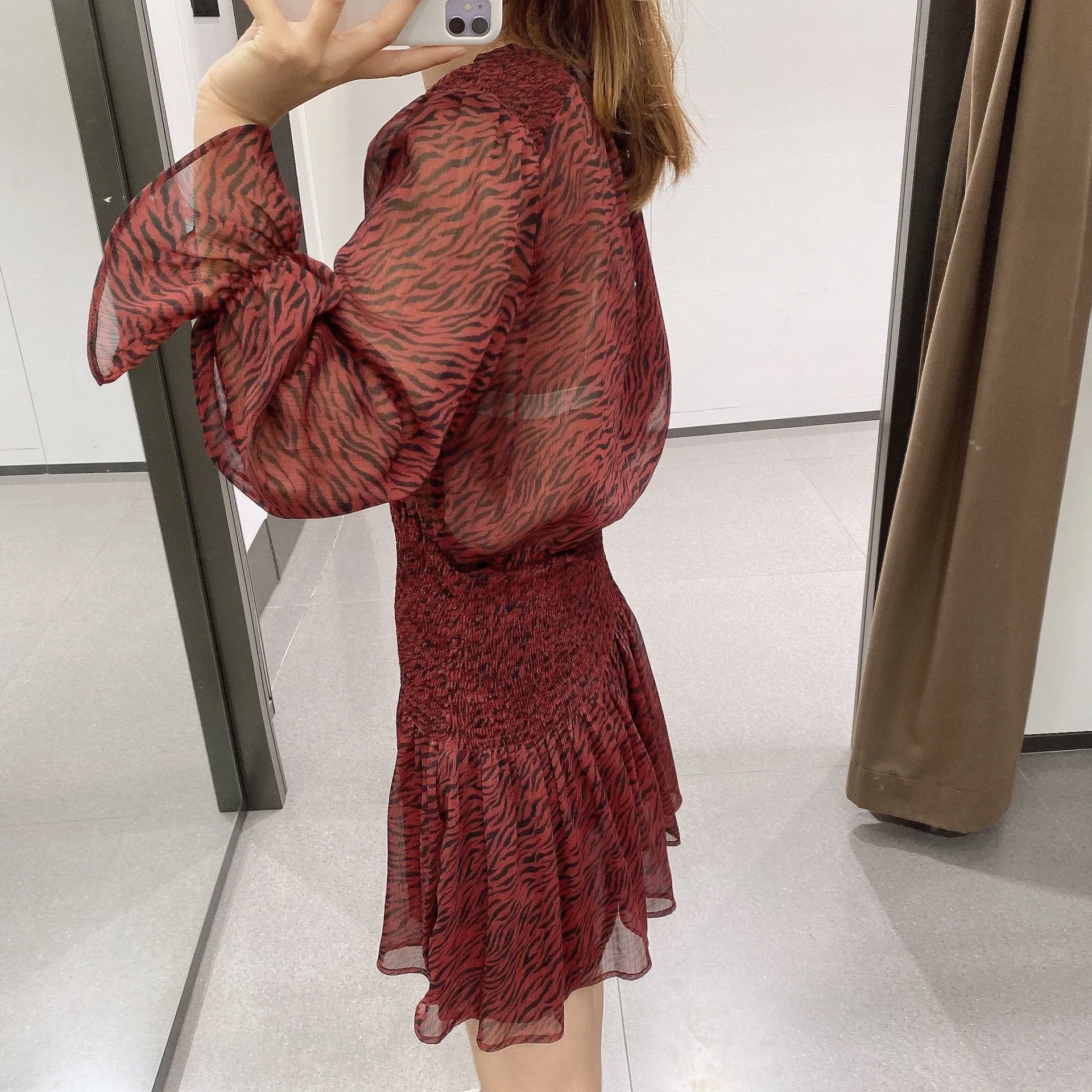 Lace-up Splicing Button Animal Pattern Floral Printed Mini Dress