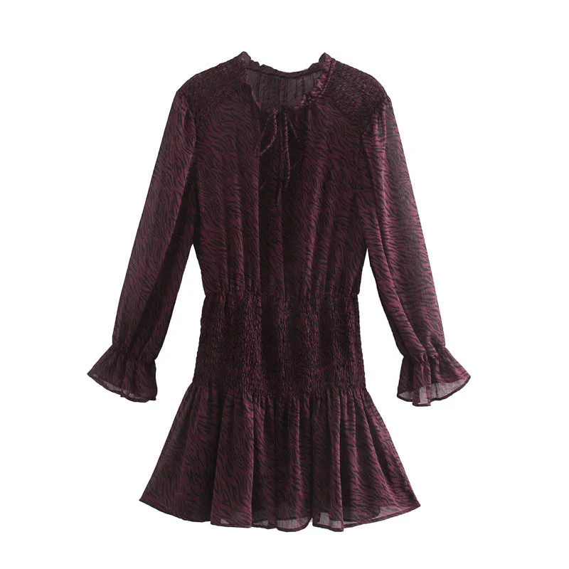 Lace-up Splicing Button Animal Pattern Floral Printed Mini Dress