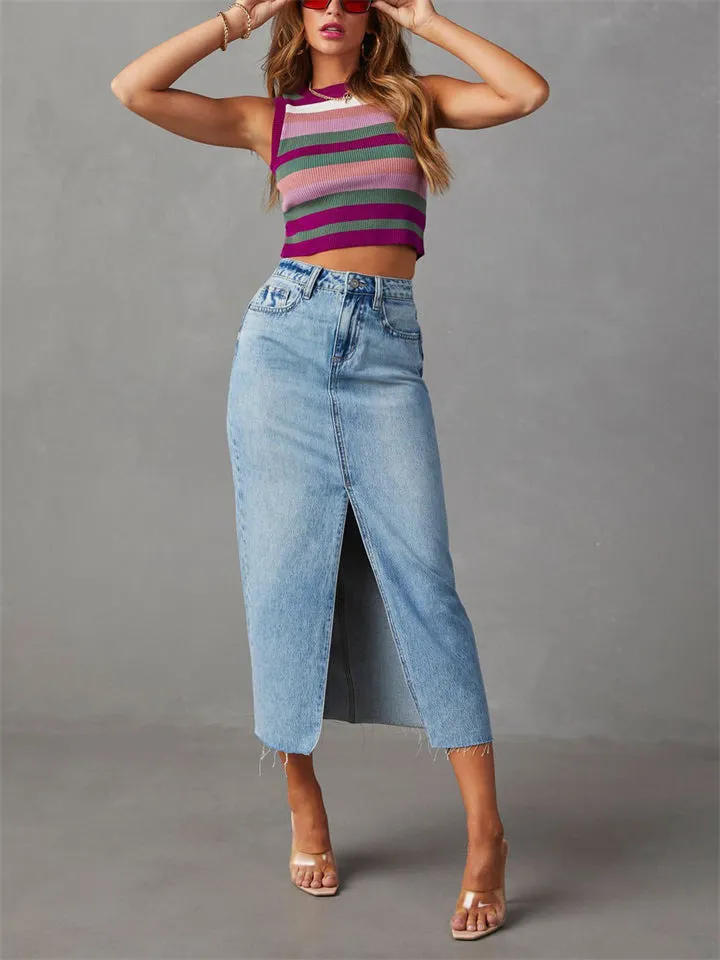 Ladies Spring Summer Front Split Denim Skirts
