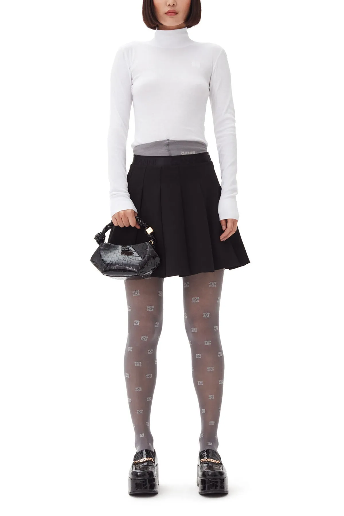 Light Twill Pleated Mini Skirt in Black