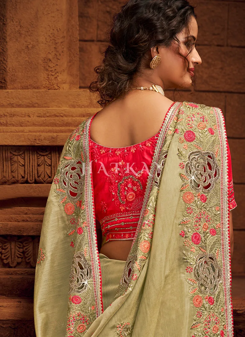 Lime And Red Multi Embroidered Partywear Saree