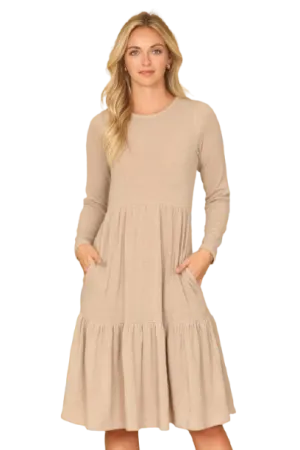 Long Sleeve Round Neck Chambray Tiered  Dark Taupe - Pack of 6