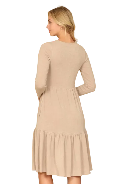 Long Sleeve Round Neck Chambray Tiered  Dark Taupe - Pack of 6