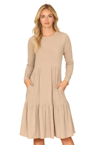 Long Sleeve Round Neck Chambray Tiered  Dark Taupe - Pack of 6