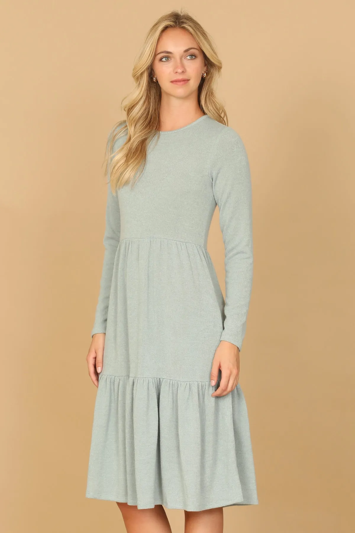 LONG SLEEVE ROUND NECK CHAMBRAY TIERED DRESS
