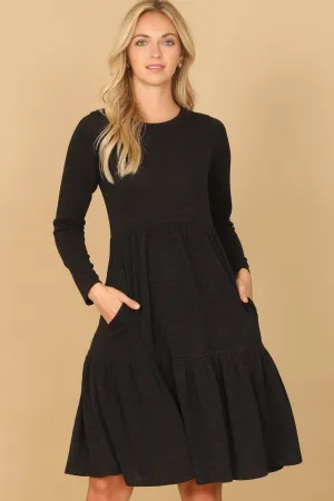 LONG SLEEVE ROUND NECK CHAMBRAY TIERED DRESS