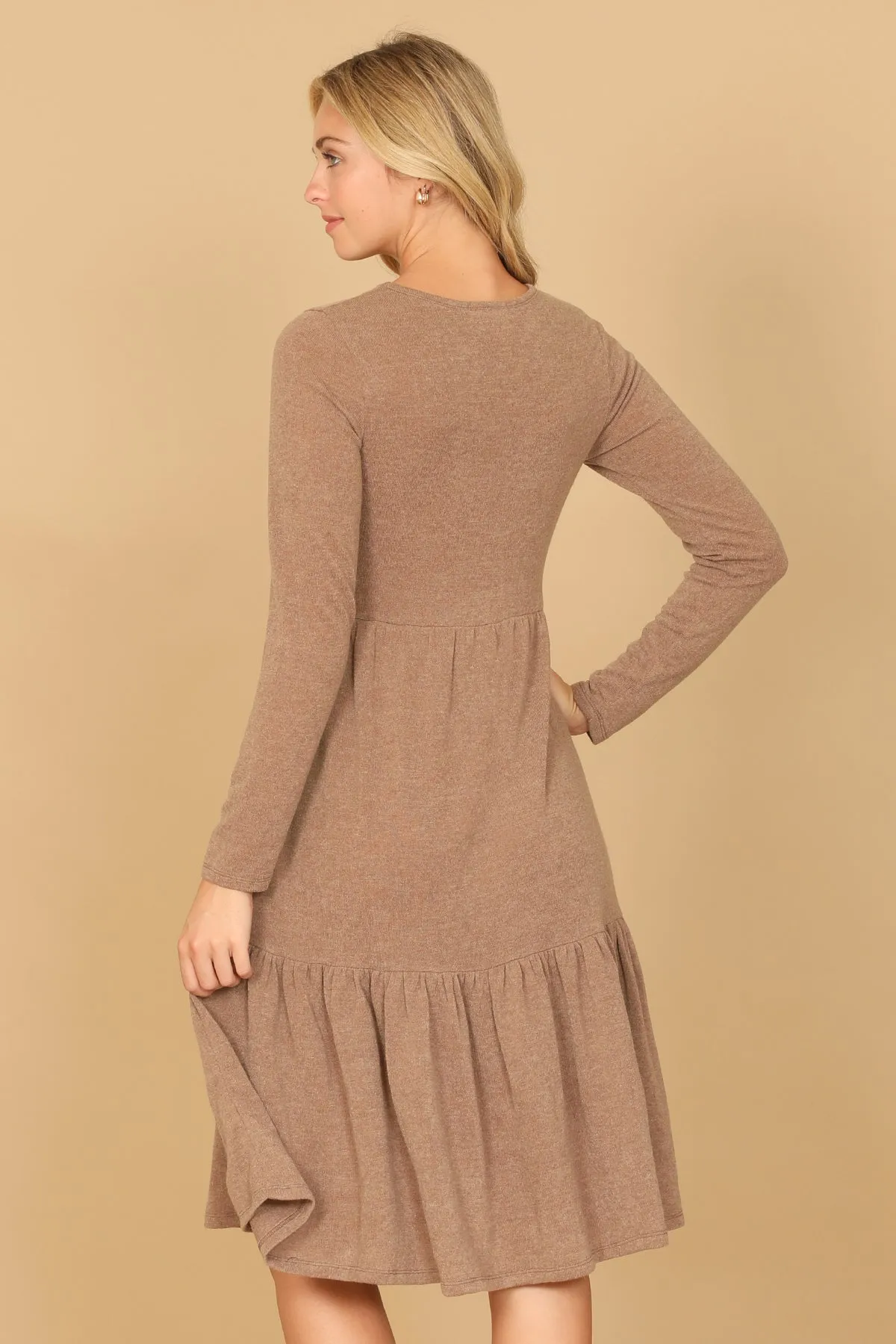 LONG SLEEVE ROUND NECK CHAMBRAY TIERED DRESS