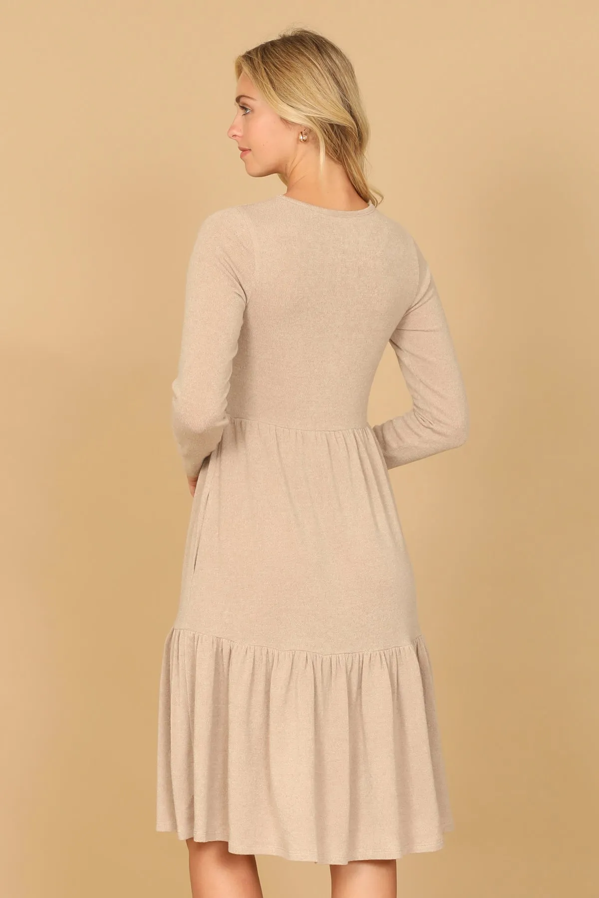 LONG SLEEVE ROUND NECK CHAMBRAY TIERED DRESS