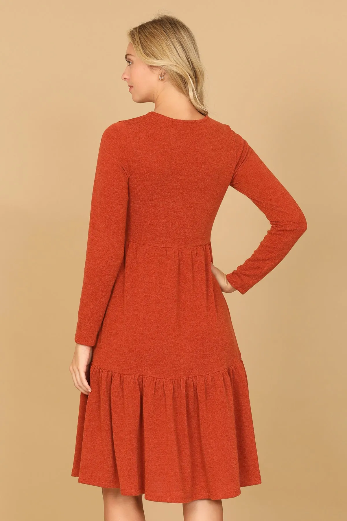 LONG SLEEVE ROUND NECK CHAMBRAY TIERED DRESS