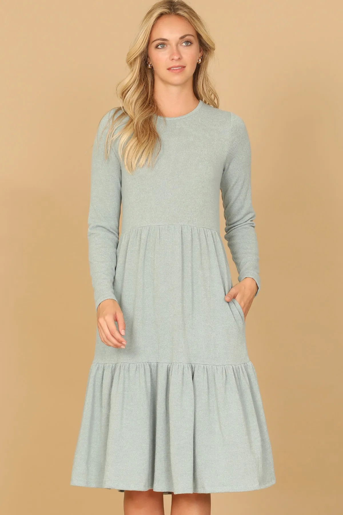 LONG SLEEVE ROUND NECK CHAMBRAY TIERED DRESS