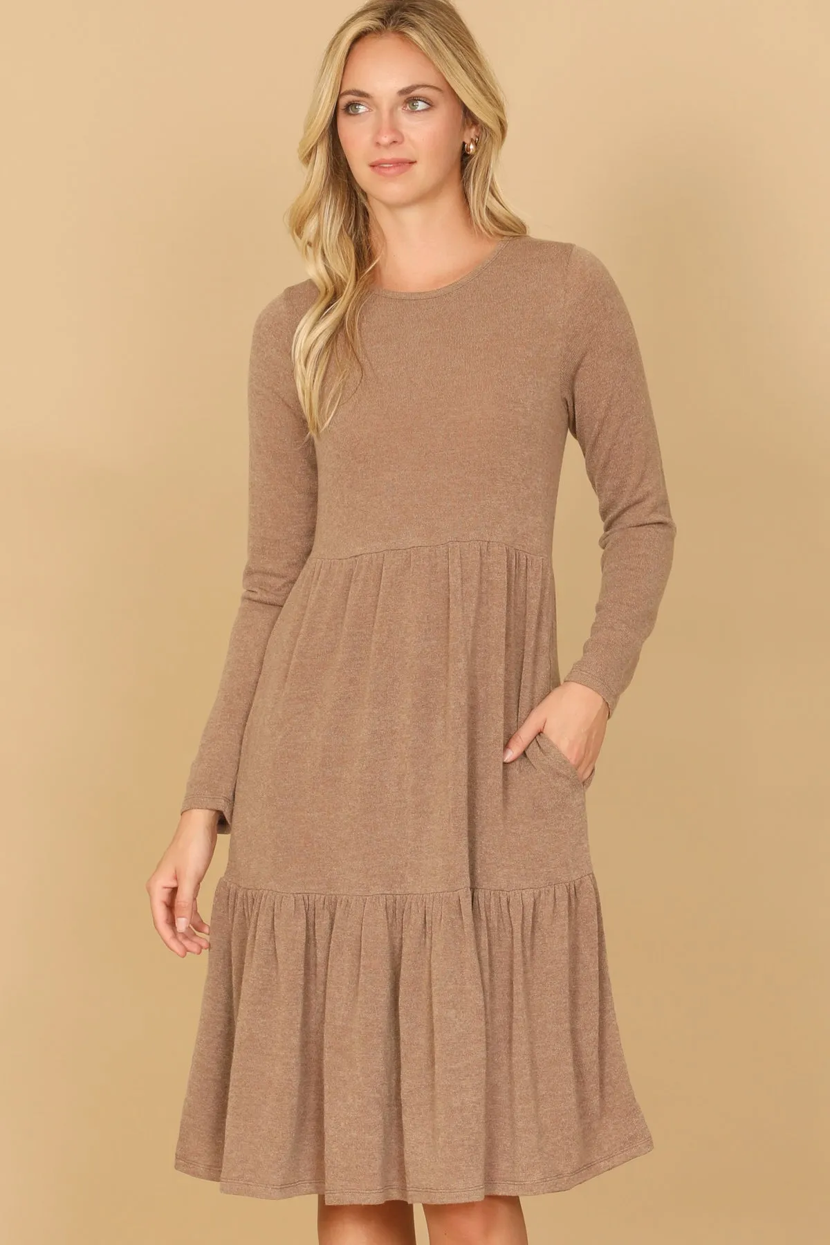LONG SLEEVE ROUND NECK CHAMBRAY TIERED DRESS