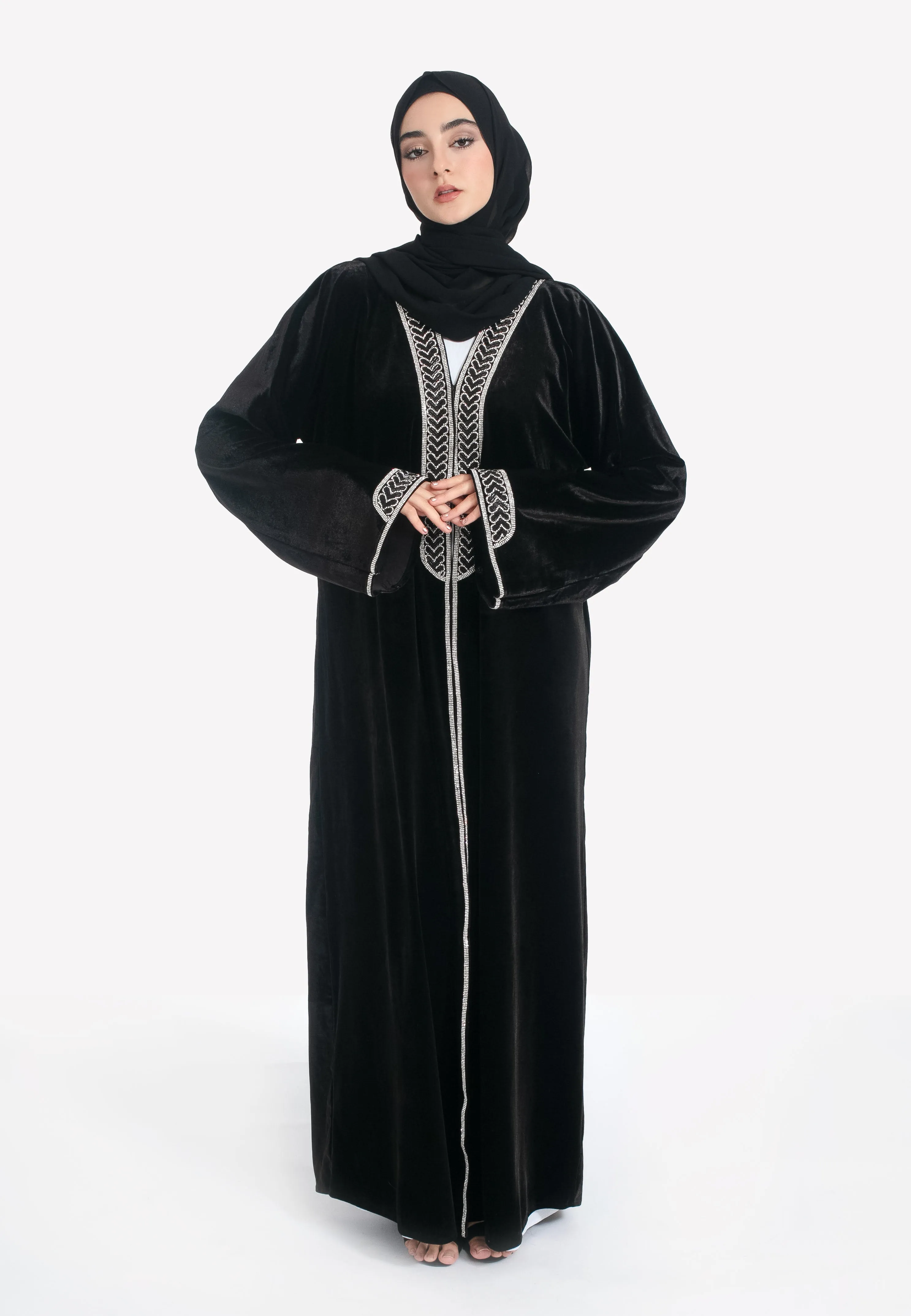 Luxury Black Velvet Embellished Open Abaya