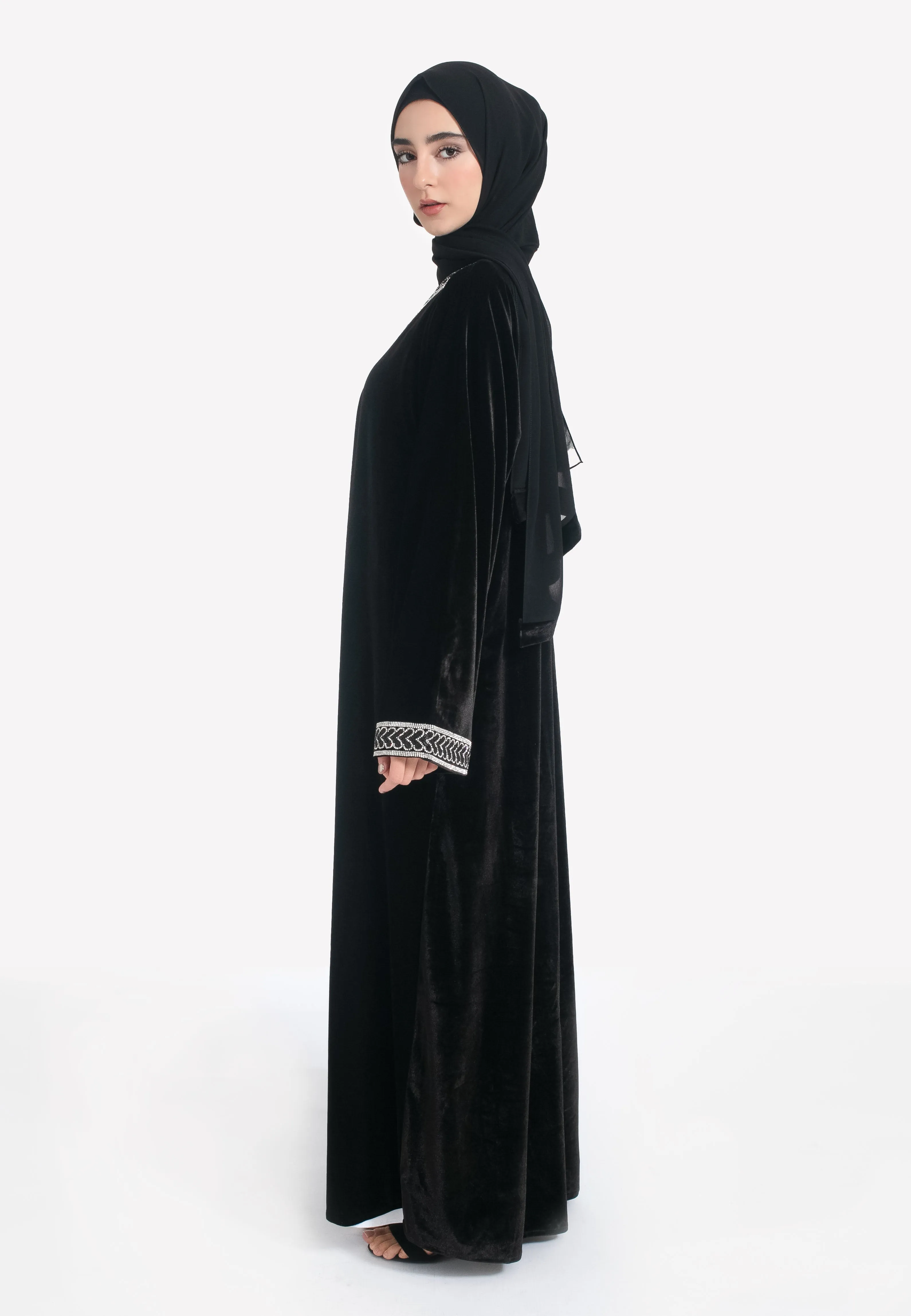Luxury Black Velvet Embellished Open Abaya