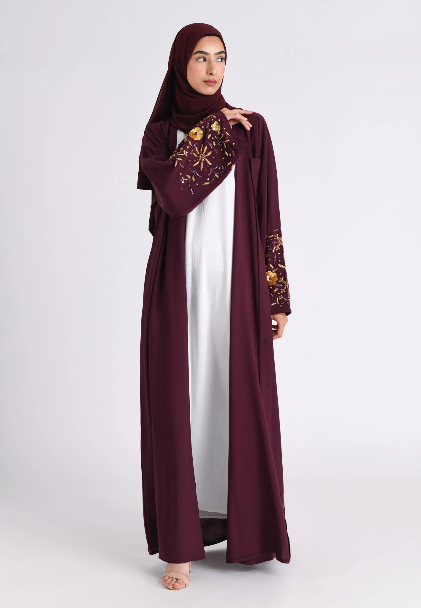 Luxury Dark Cherry Embellished Open Abaya (Premium)