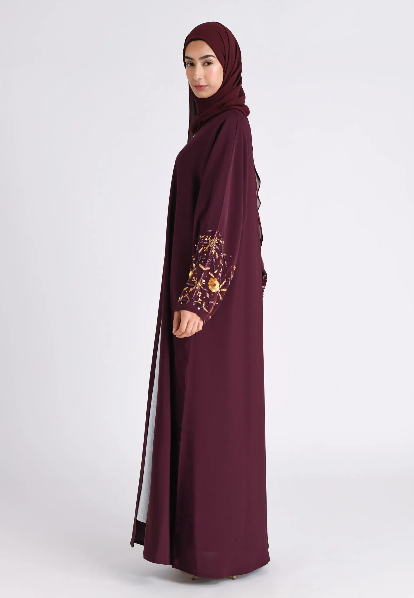 Luxury Dark Cherry Embellished Open Abaya (Premium)