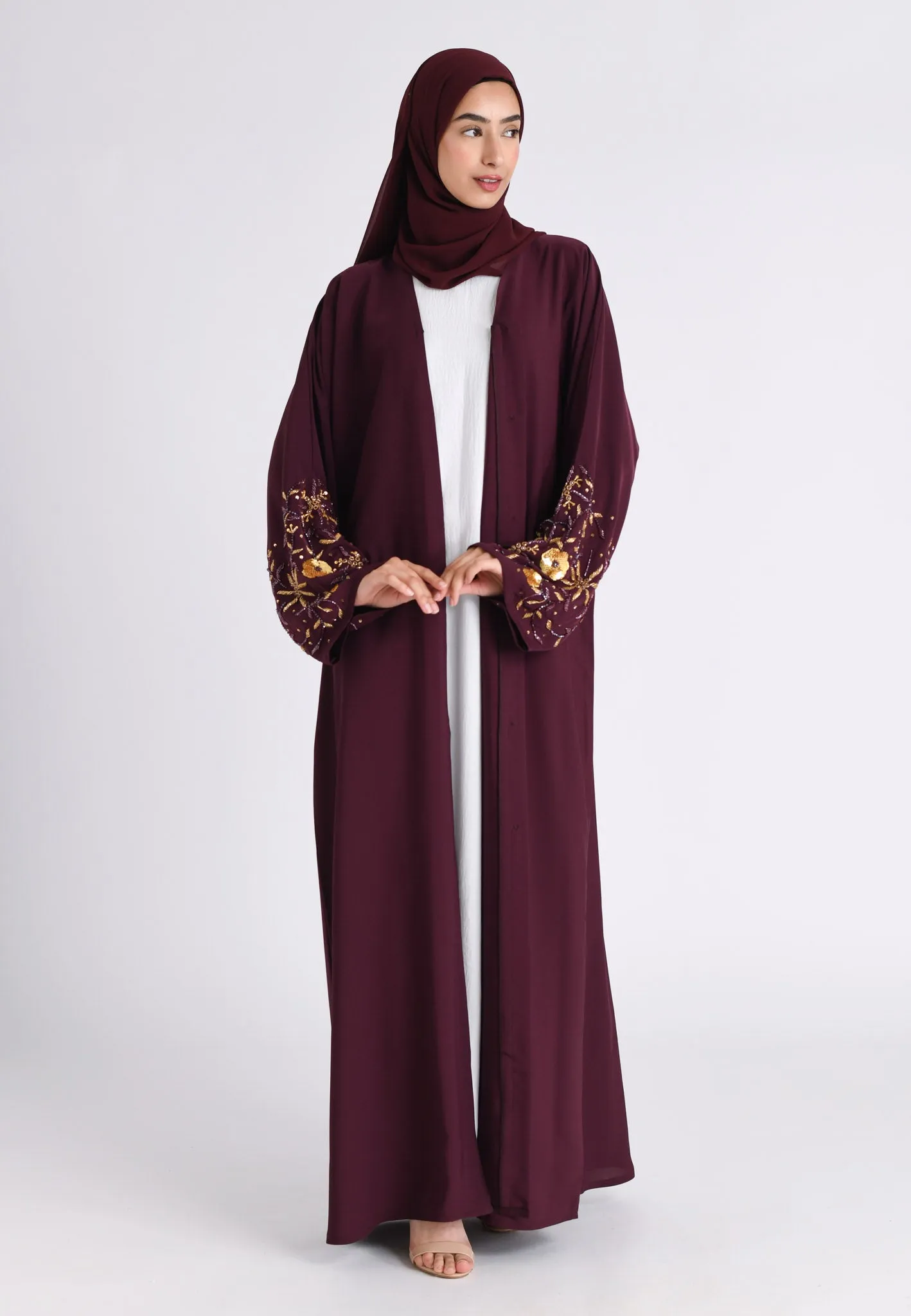Luxury Dark Cherry Embellished Open Abaya (Premium)