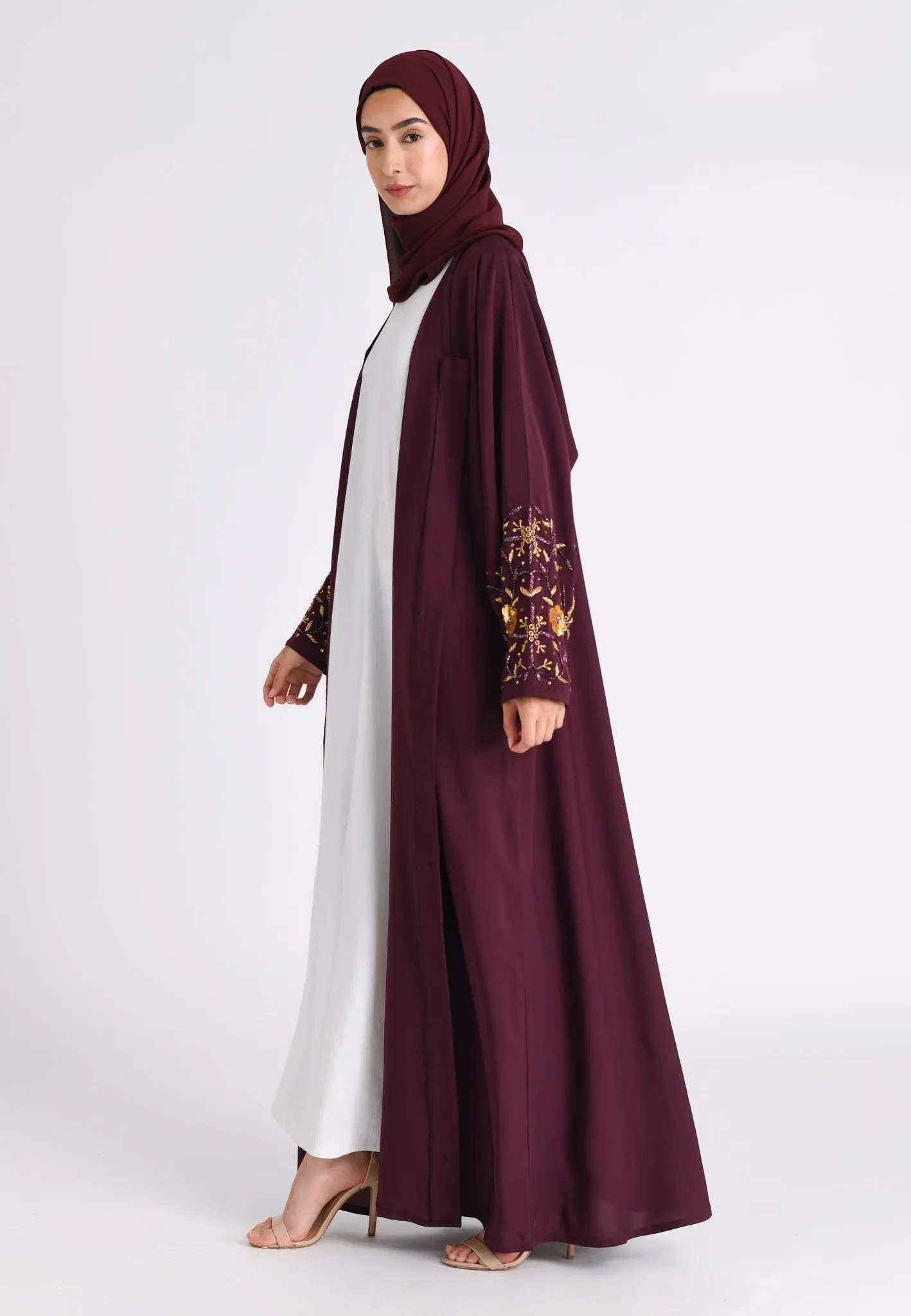 Luxury Dark Cherry Embellished Open Abaya (Premium)