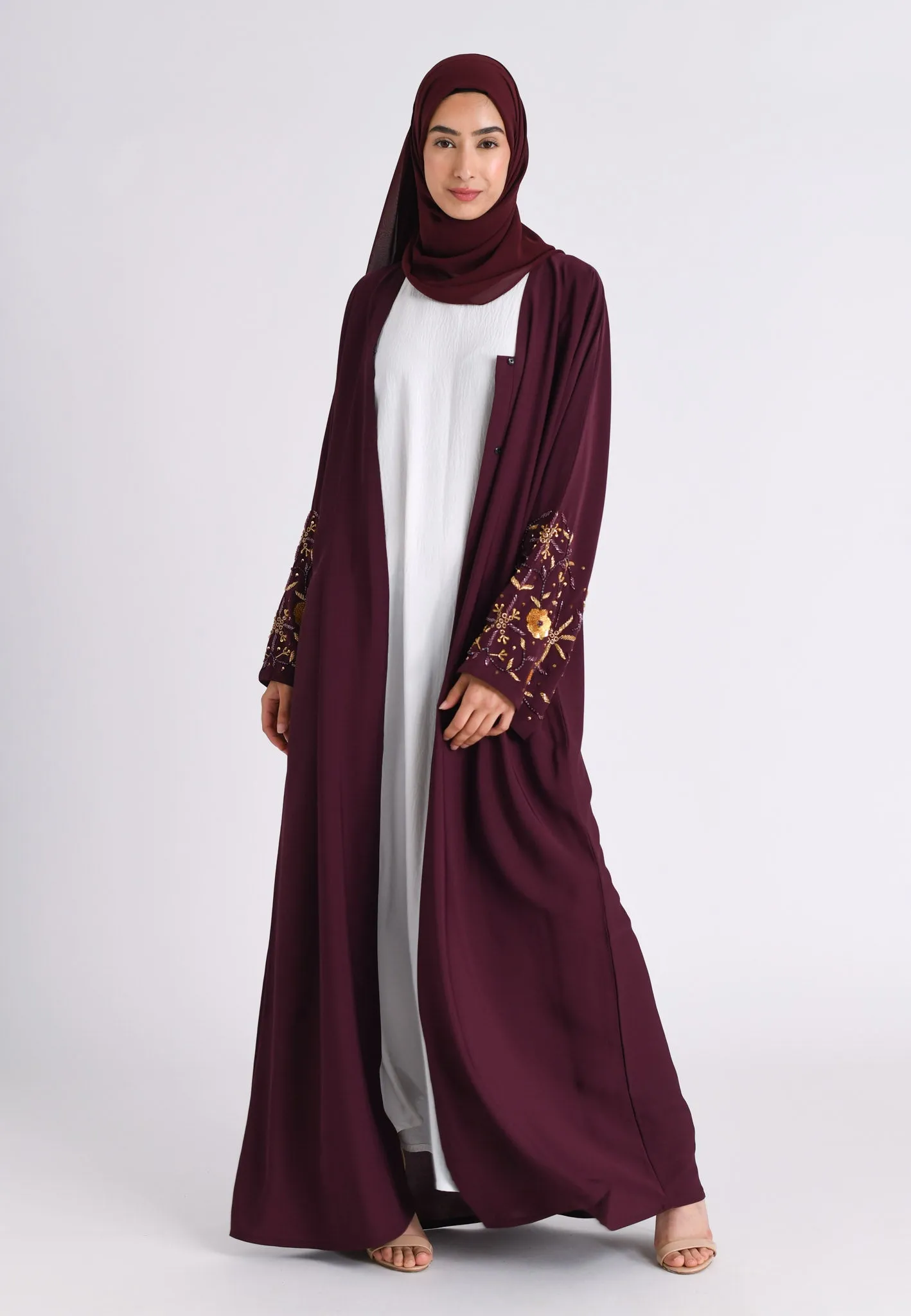 Luxury Dark Cherry Embellished Open Abaya (Premium)