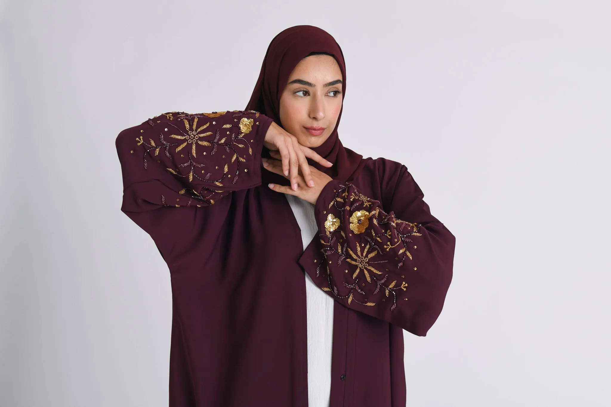Luxury Dark Cherry Embellished Open Abaya (Premium)