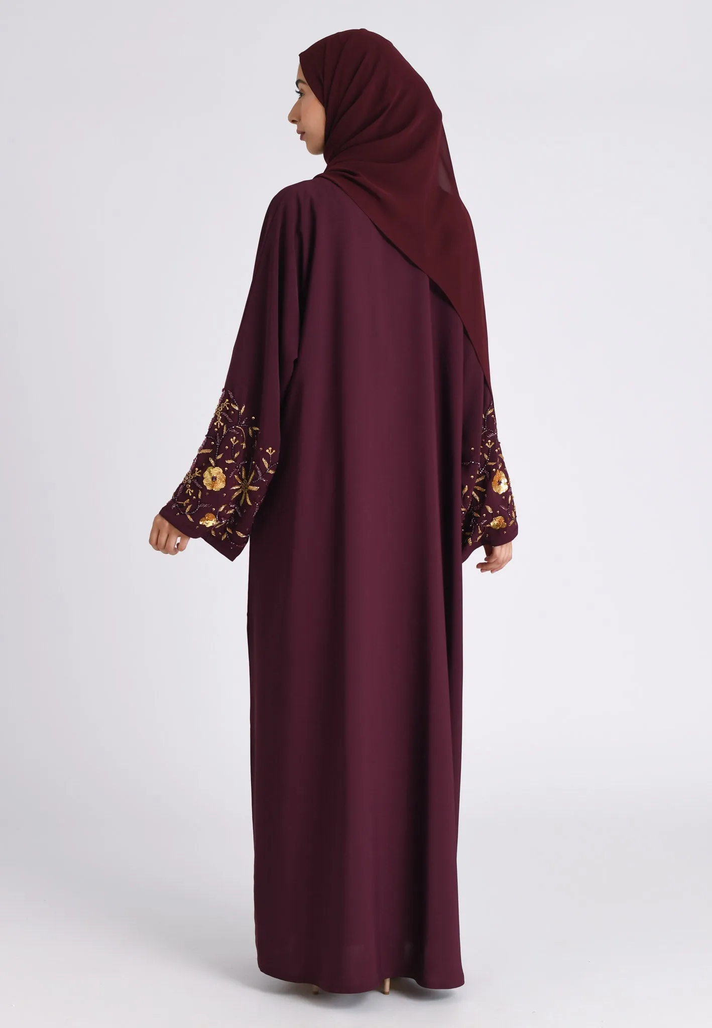 Luxury Dark Cherry Embellished Open Abaya (Premium)