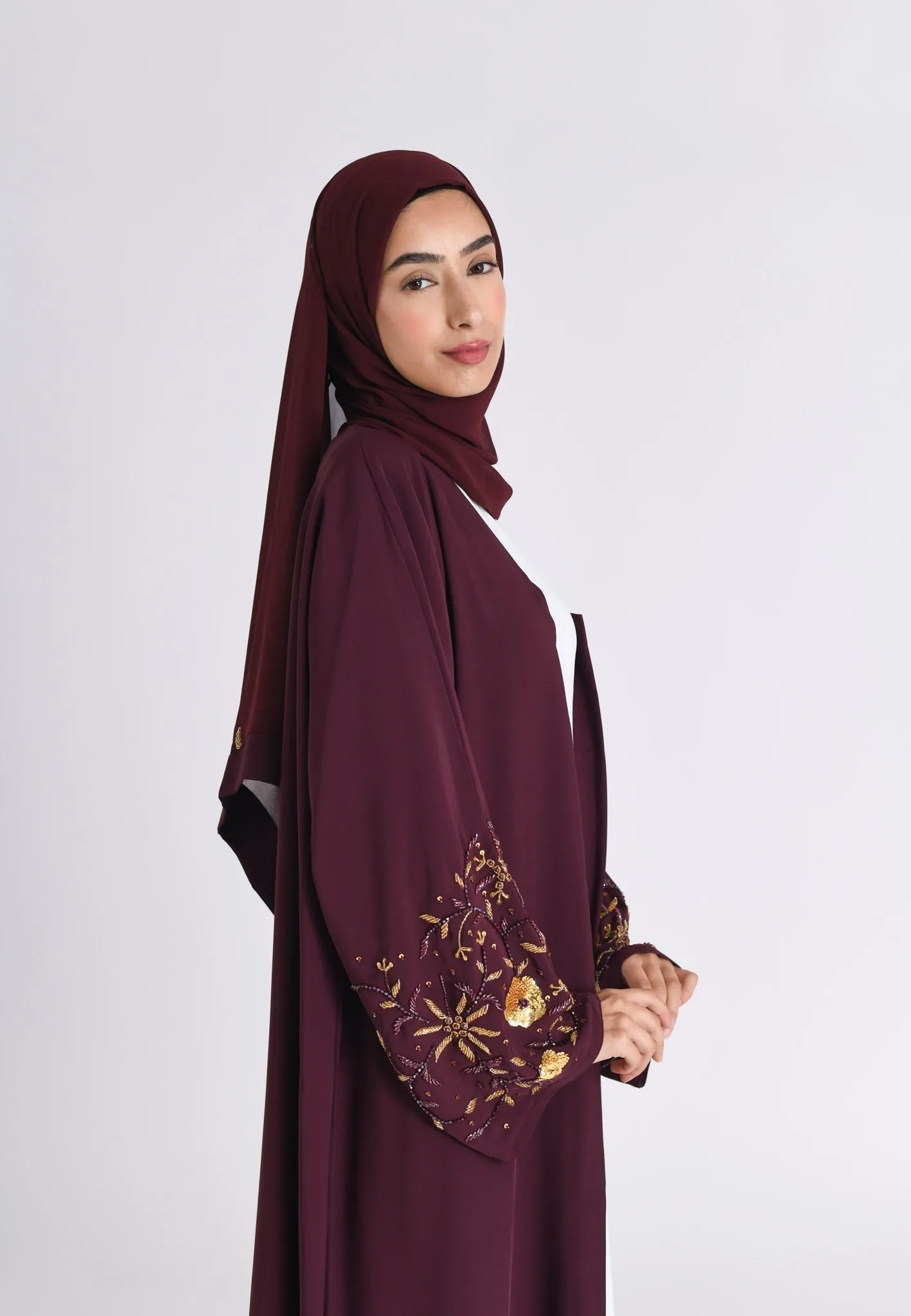 Luxury Dark Cherry Embellished Open Abaya (Premium)