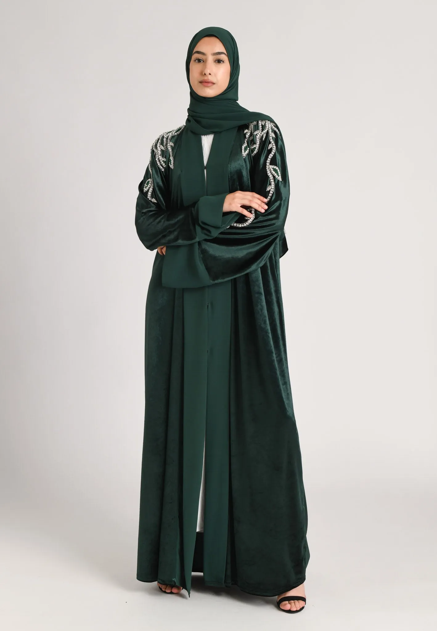 Luxury Ethereal Emerald Green Velvet Open Abaya