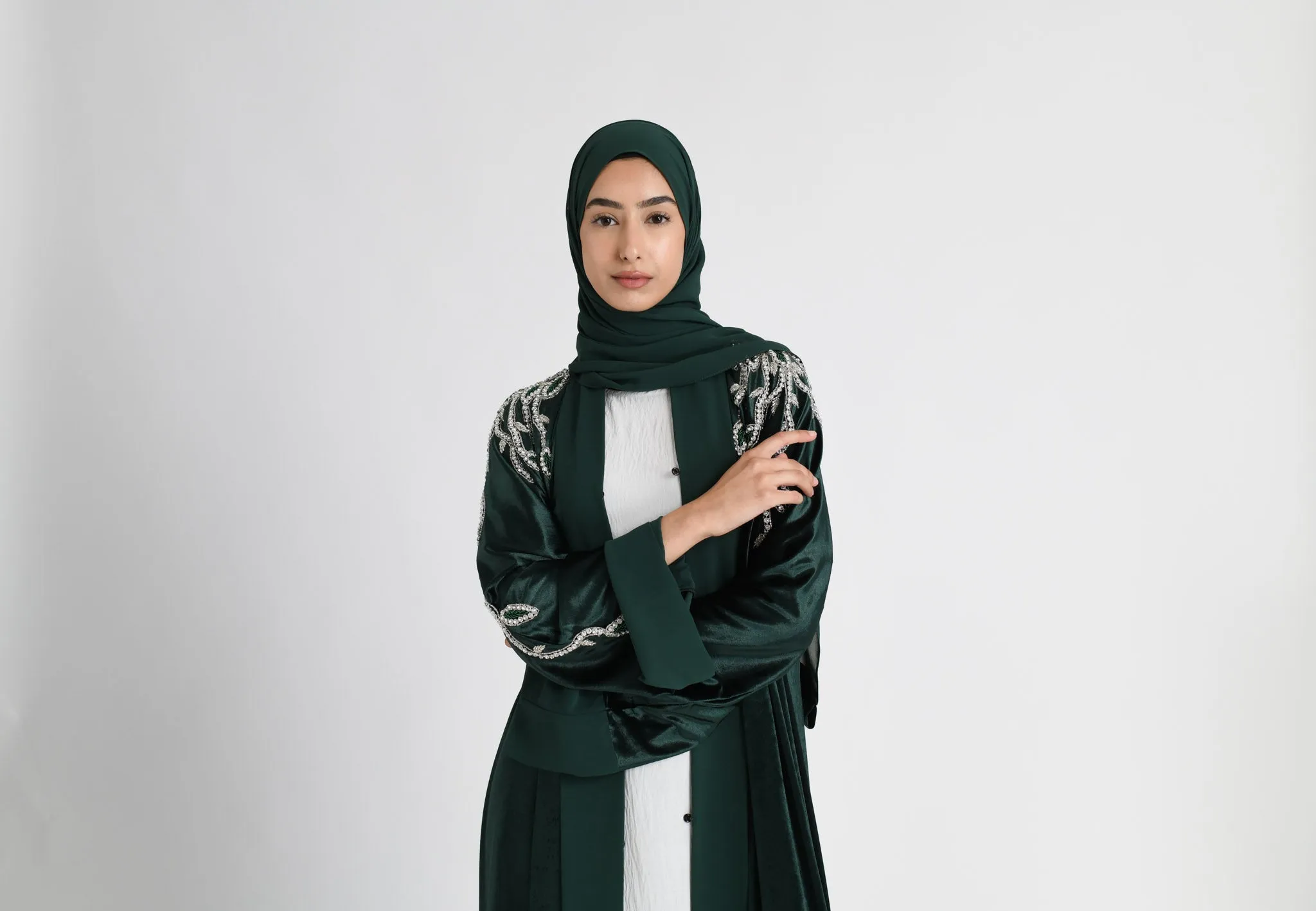 Luxury Ethereal Emerald Green Velvet Open Abaya