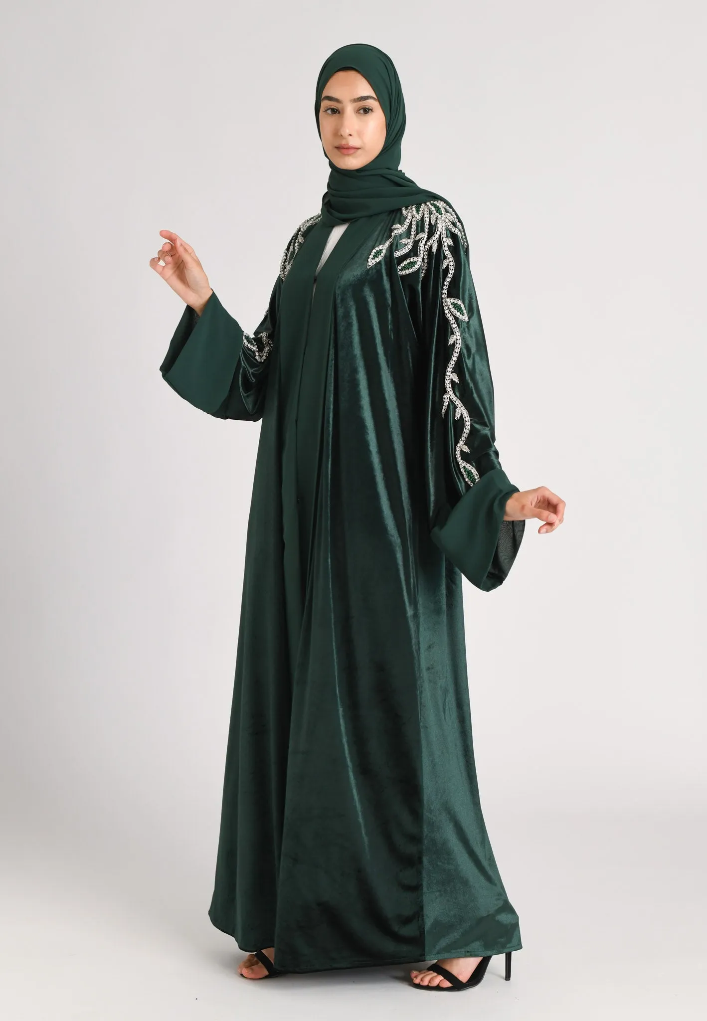 Luxury Ethereal Emerald Green Velvet Open Abaya