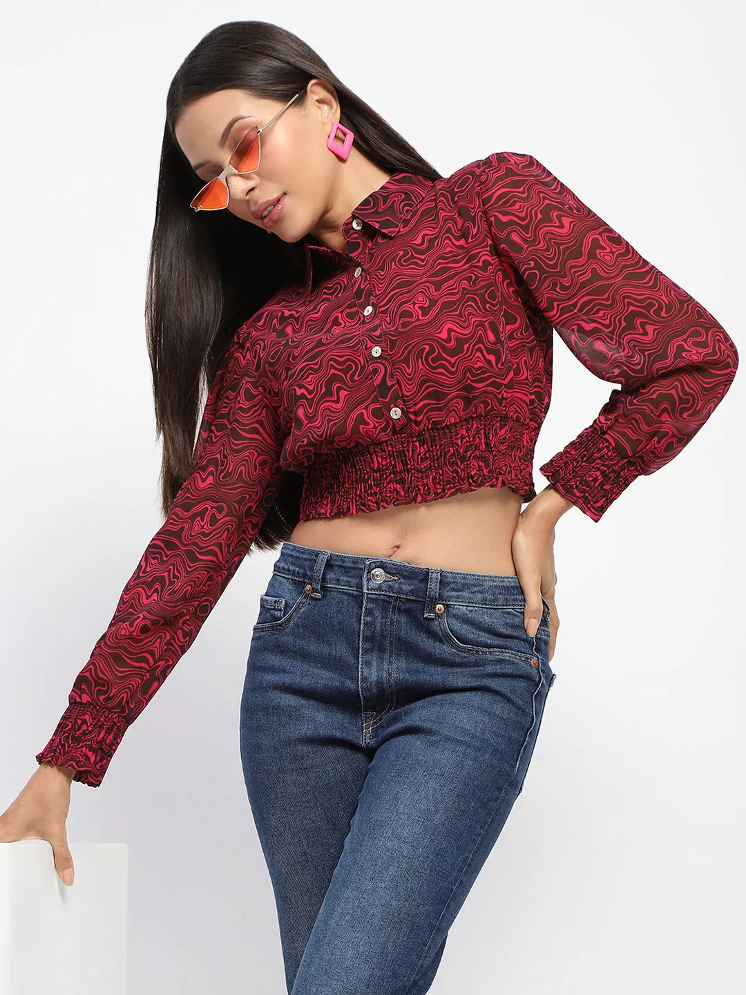 Madame Marble Print Hot Pink Crop Shirt