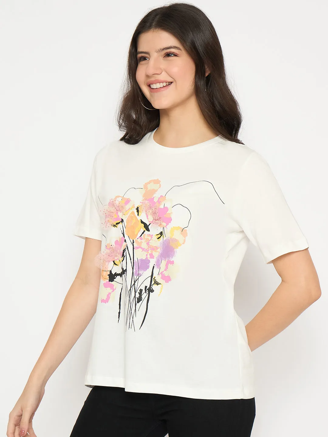 Madame White Cotton Floral Print T-shirt