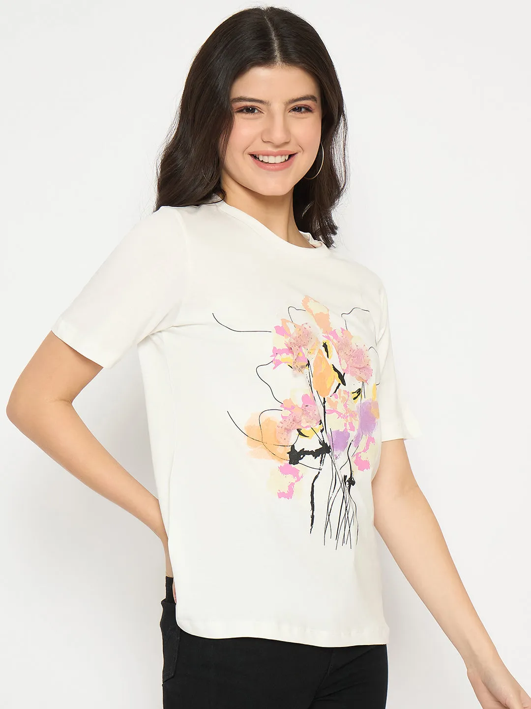 Madame White Cotton Floral Print T-shirt