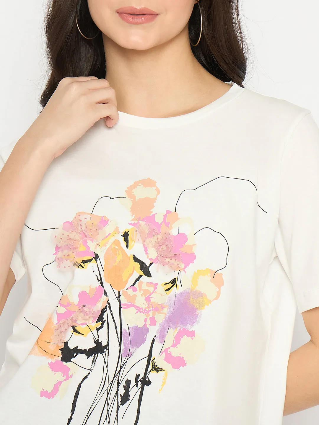 Madame White Cotton Floral Print T-shirt