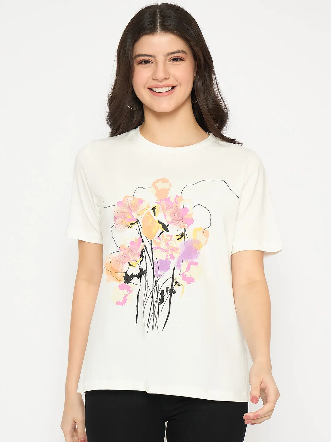 Madame White Cotton Floral Print T-shirt