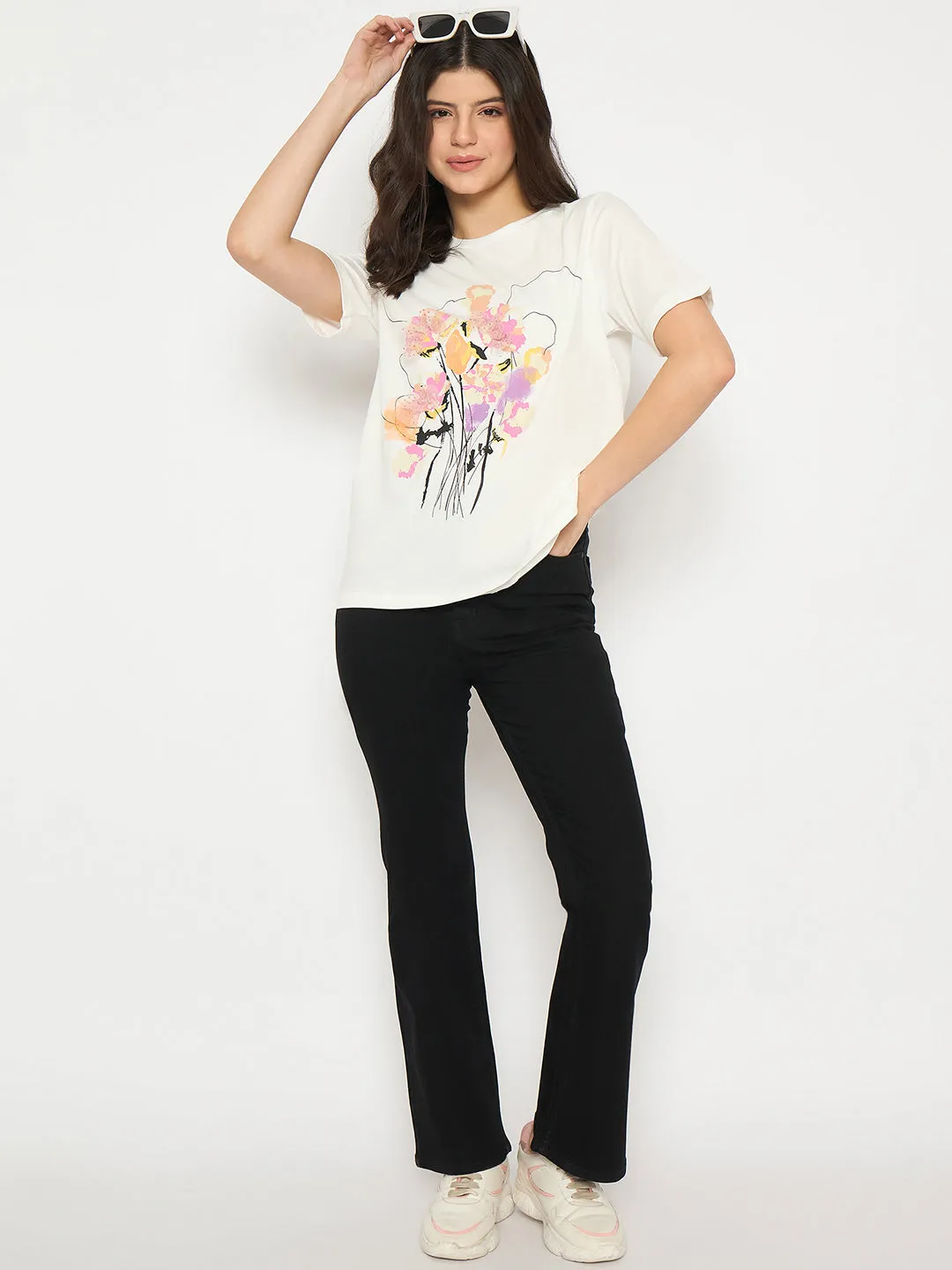 Madame White Cotton Floral Print T-shirt