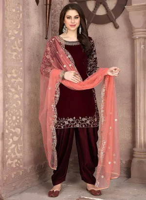 Maroon And Peach Embroidered Salwar Kameez Suit