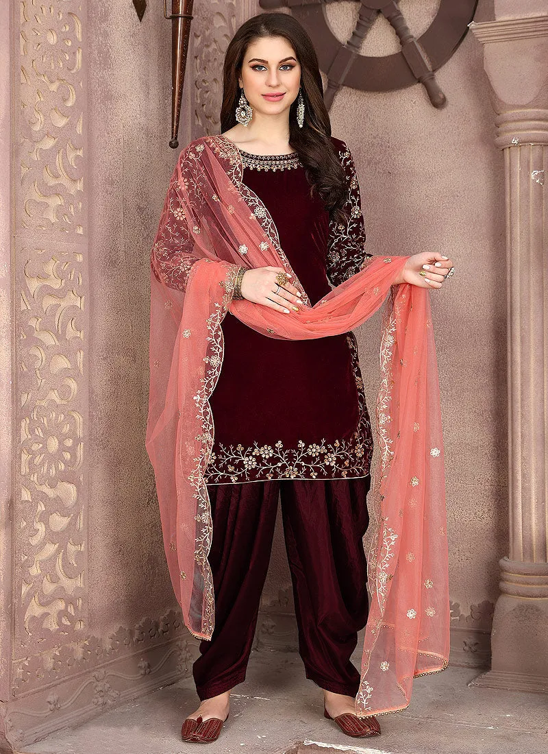 Maroon And Peach Embroidered Salwar Kameez Suit
