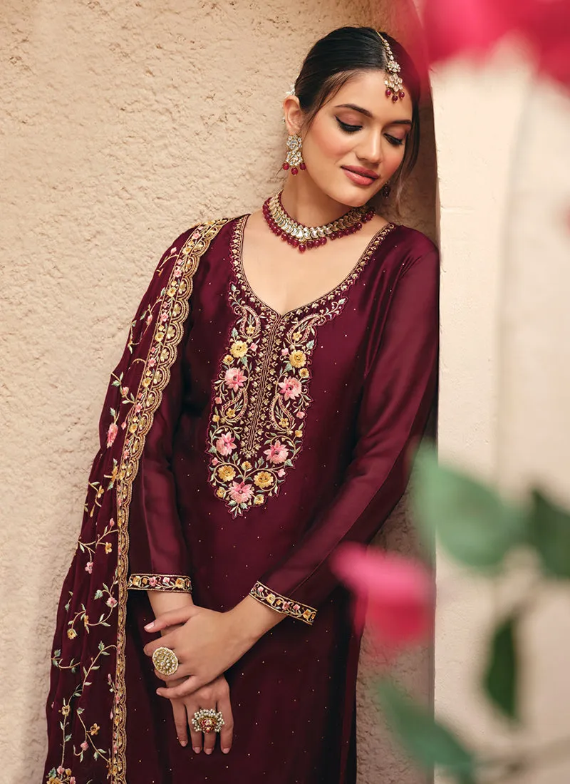 Maroon Resham Thread Pant Suit