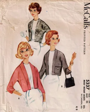 McCall's 5337 Womens Cropped Jacket 1960s Vintage Sewing Pattern Size 14 Bust 34 inches