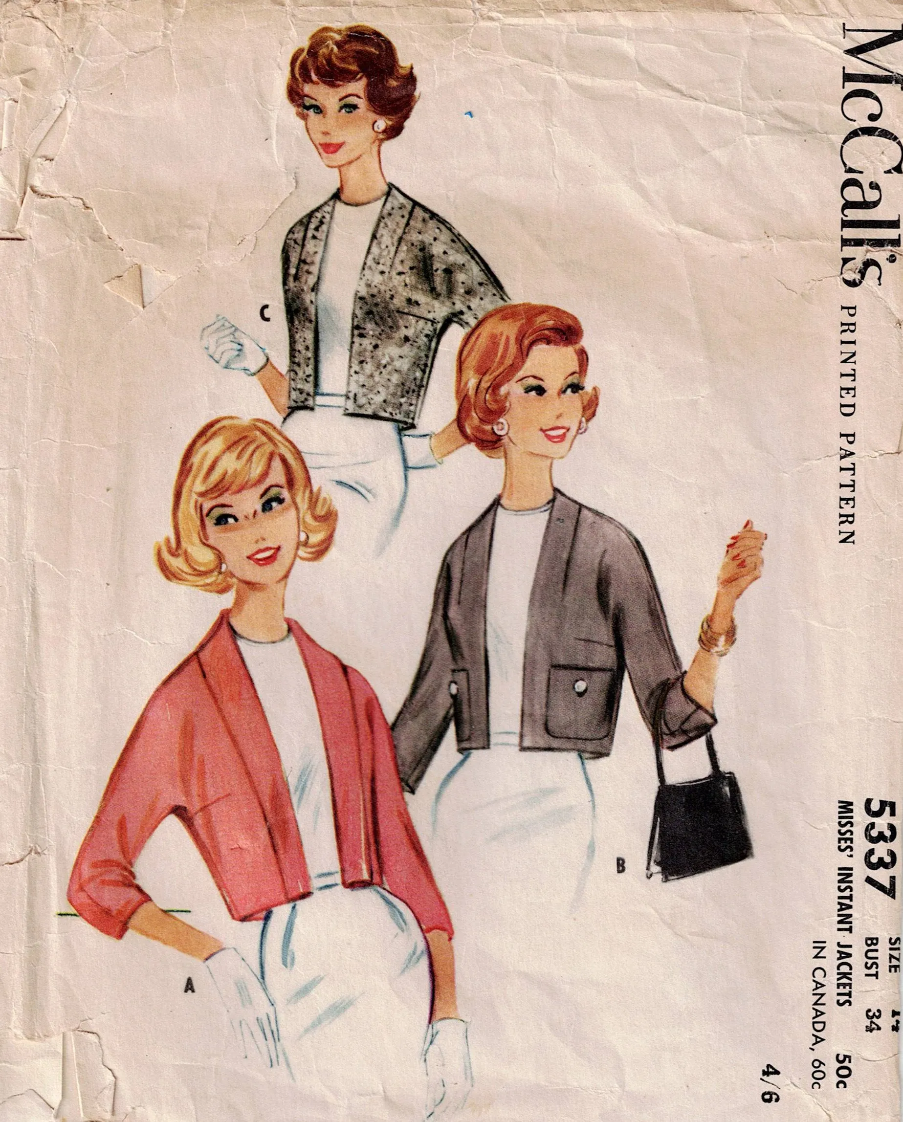 McCall's 5337 Womens Cropped Jacket 1960s Vintage Sewing Pattern Size 14 Bust 34 inches