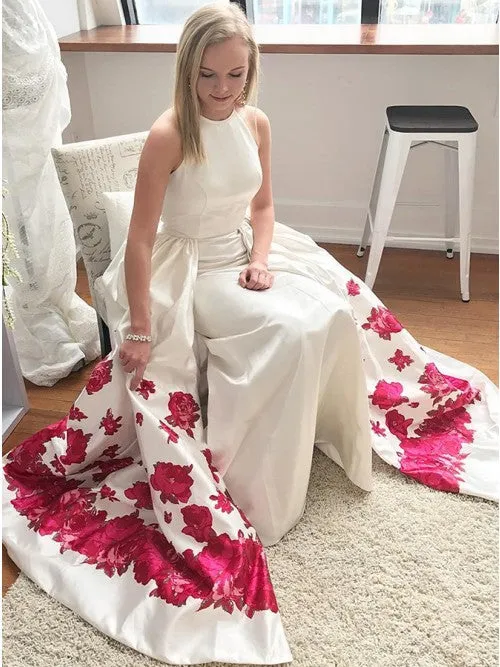 Mermaid Sleeveless Long White Printed Detachable Prom Dresses OKL36